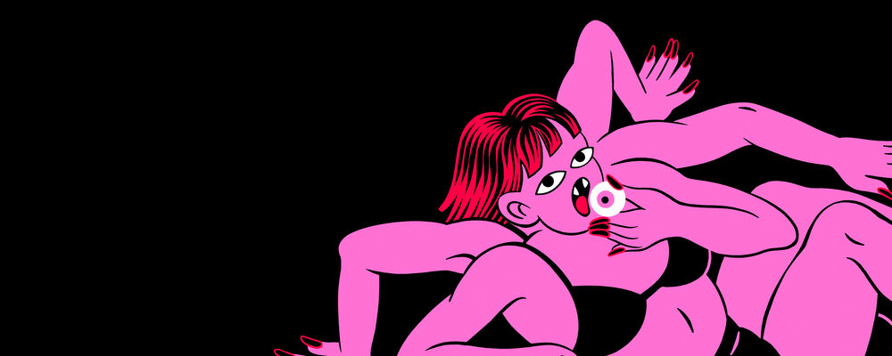 Illustration of a woman with many arms and legs eating an eyeball