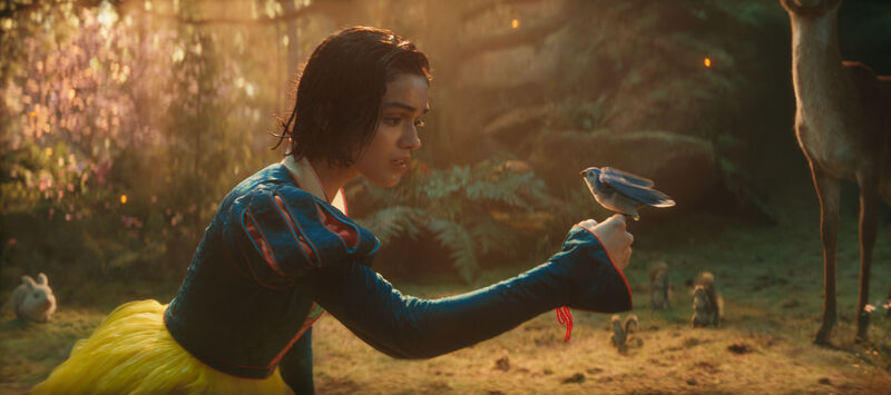 Snow White sits in a forest with a bird perched on her hand.