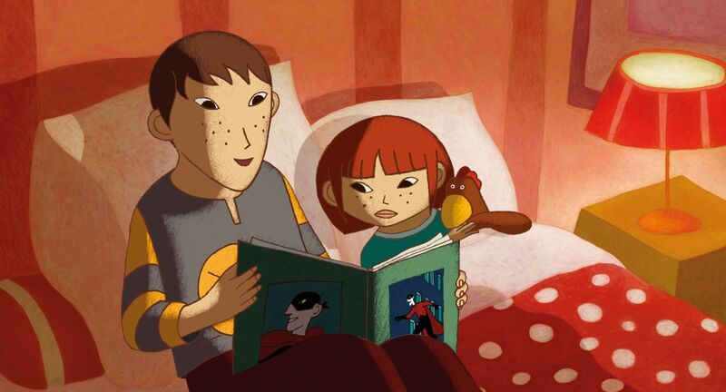 An animation still shows a  little boy reading in bed with a little girl.
