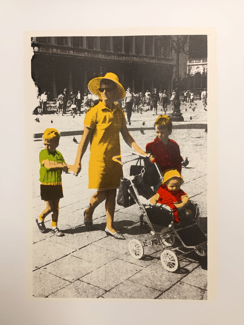 Screenprint of a family walking together down a street