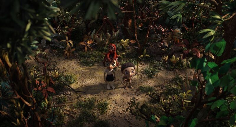 Two clay-animation people stand in a jungle clearing.