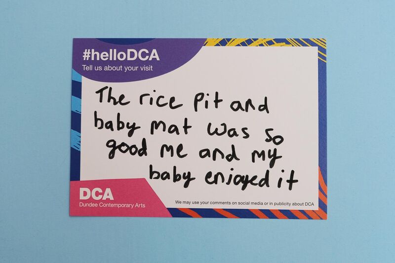 Handwritten feedback card: 'The rice pit and baby mat was so good - me and my baby enjoyed it.'