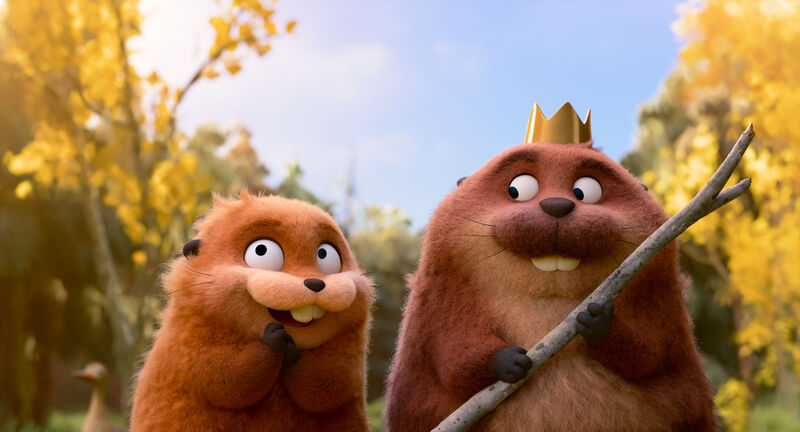 two beavers smile in a forest in animated story Hoppers