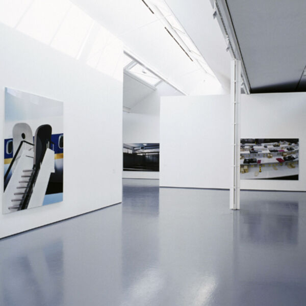 Thomas Demand's exhibition in DCA Galleries. Abstract photographs of buildings hang on the white gallery walls.