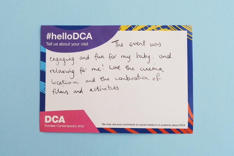 Handwritten feedback card: 'The event was engaging and fun for my baby and relaxing for me! Love the cinema location and the combination of films and activities.'