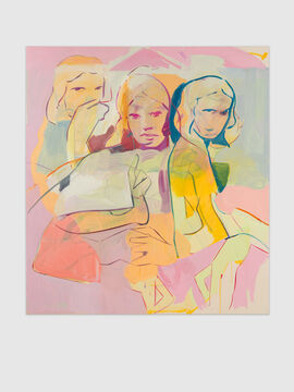 A painting of women with figurative lines and bright colours 
