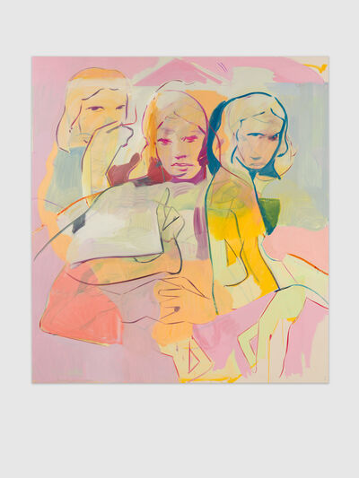 A painting of women with figurative lines and bright colours 