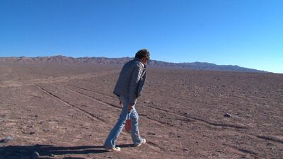 A person walks across a desert land in sunlight.