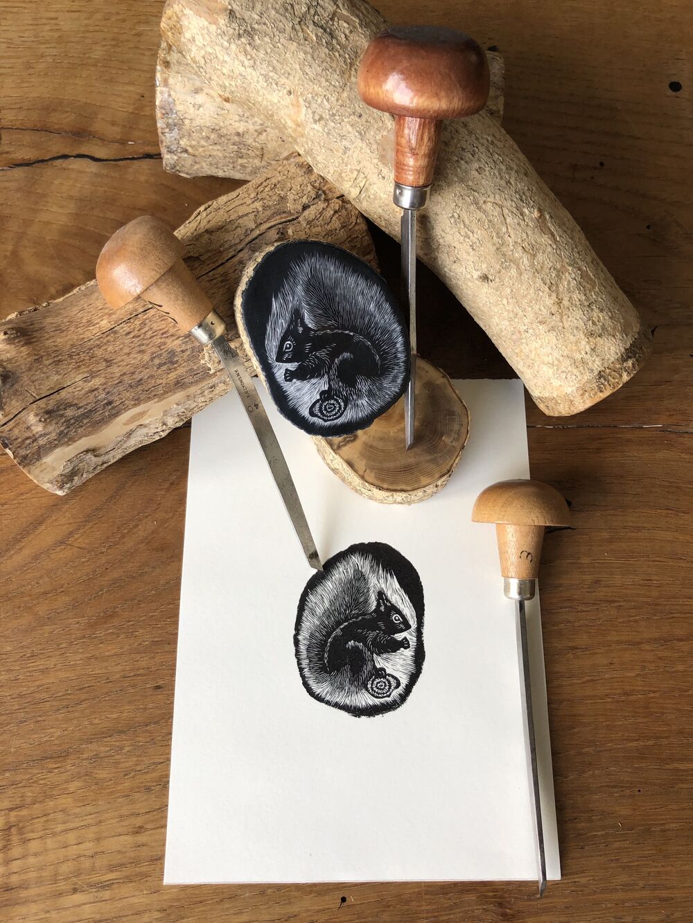 Wood engraving of a squirrel