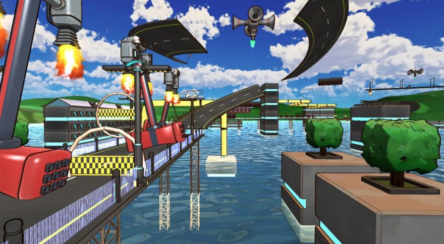 A game screenshot shows an exciting race track in the water, with obstacles to avoid