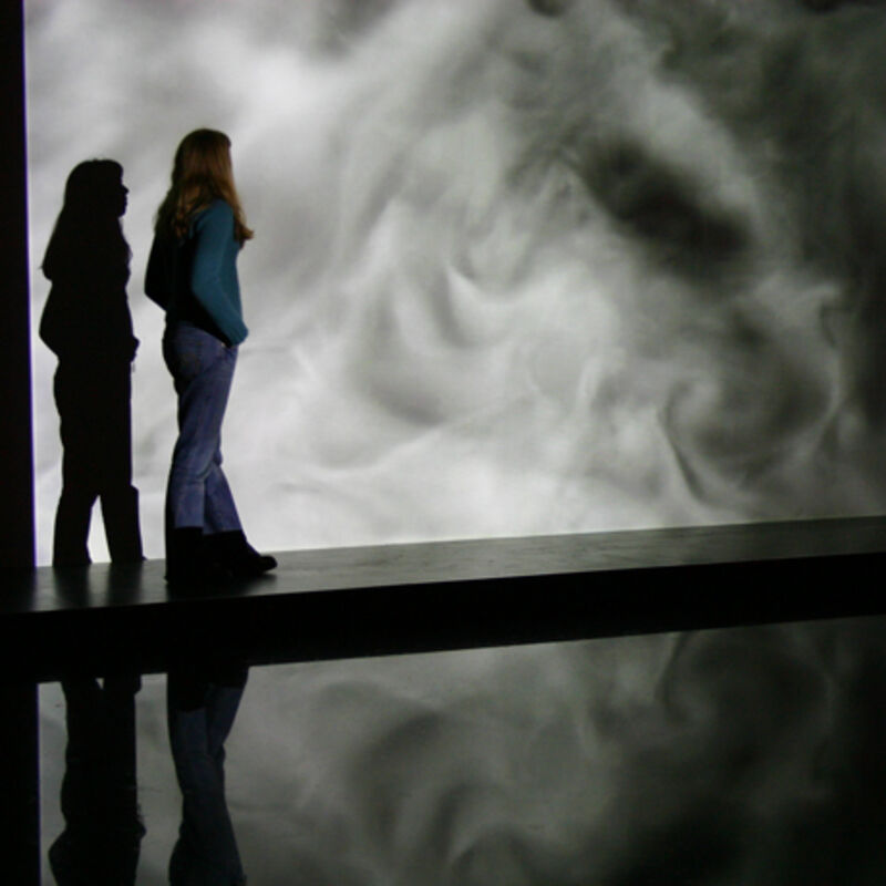 Two people look at a white, wave-like image which is part of Elizabeth Ogilvie's exhibition at DCA Galleries.
