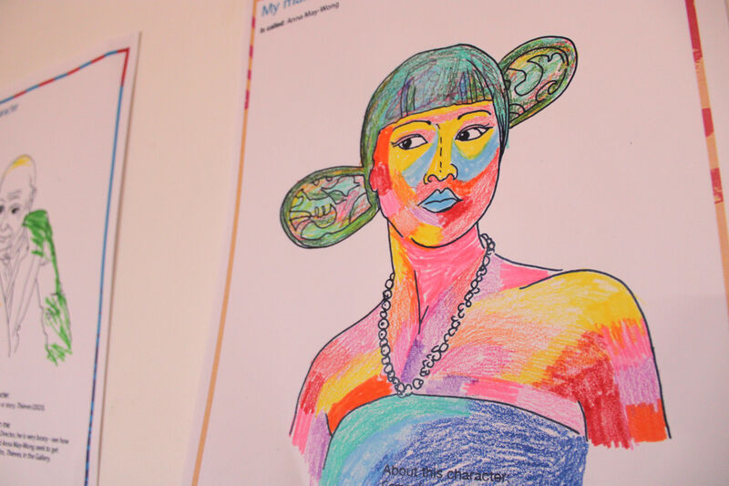 Line drawing of Anna May Wong coloured in with multi colours