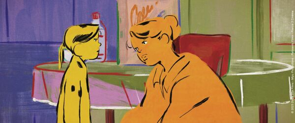 Still from a colourful animation sees a girl complain to her mother, who is crouching to listen