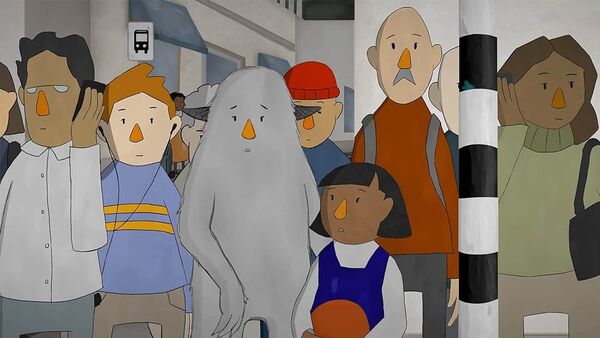 Animation still: a group of people and a furry creature wait at the bus stop