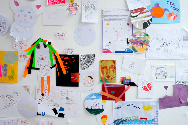 Childrens drawings on the wall of DCA Gallery 1