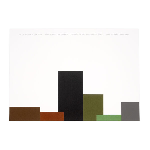 Art print with geometric shapes in black, brown, green, and grey on a white background and text along the top