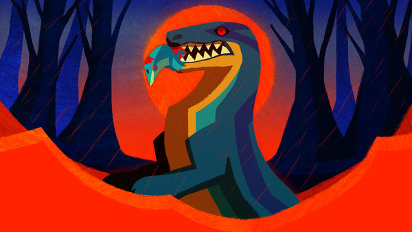 Animated still of a fierce dinosaur