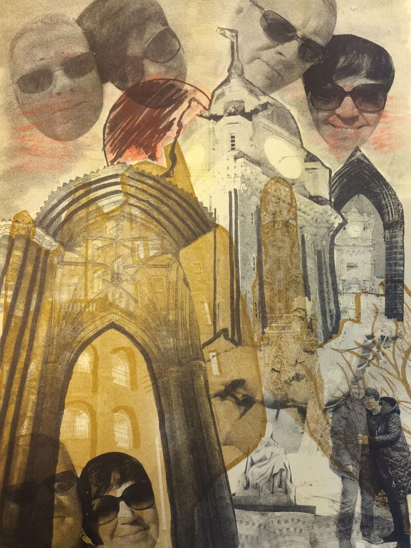 Print of a collage of images of a coupe and landmarks