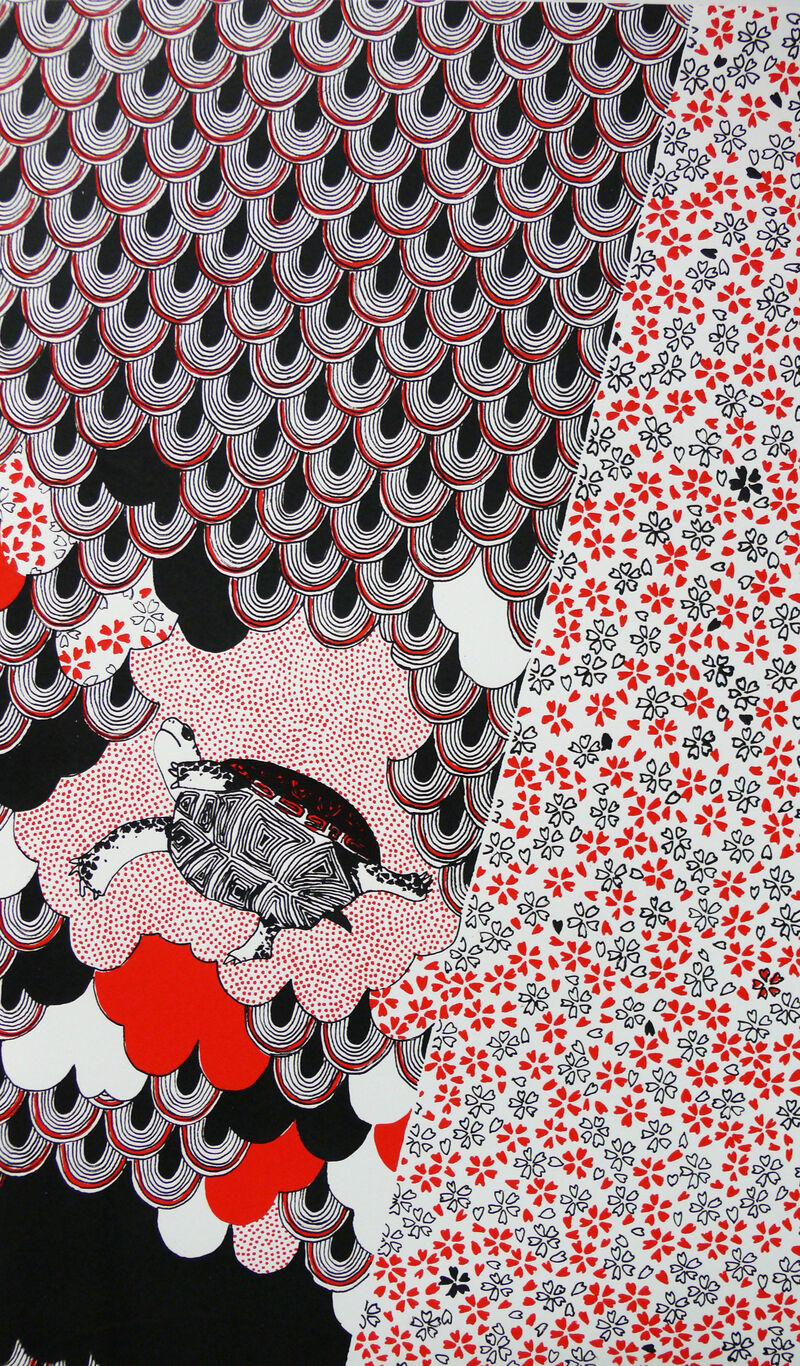 Patterned print in red. white and balck showing a turtle