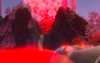 A still from a video game, showing a 3d render of a black volcano with red lava at the base and coming from a crater. There are bright pink and red trees on the slopes of the volcano and around the black foothills. A purplish sky can be seen behind the volcano. 