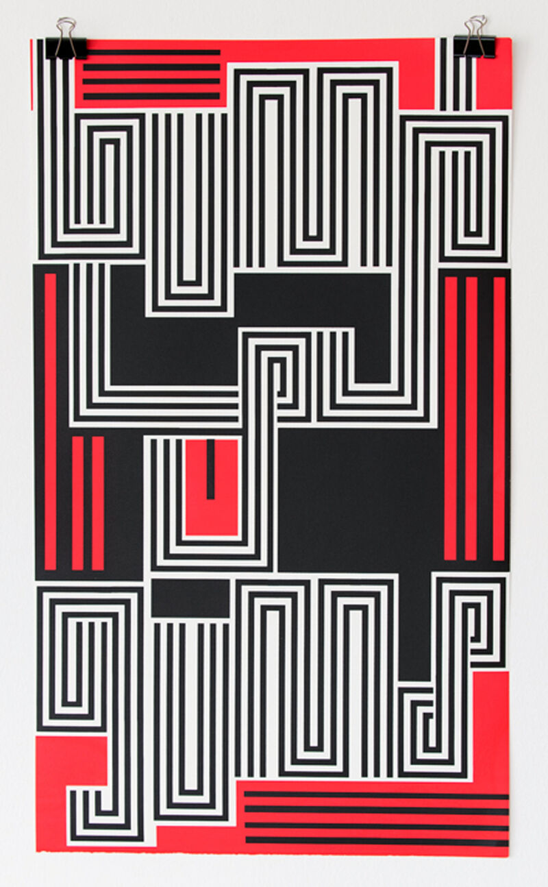 Black, white and red print featuring abstract text