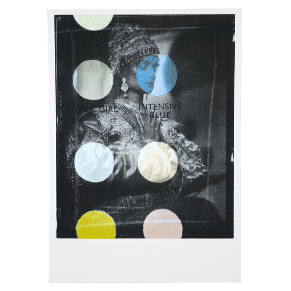 Screenprint showing a photograph of The Silver Maiden by Ellen Jane Rogers with overlays of a 1930s ‘Leichner’ brand make-up palette.