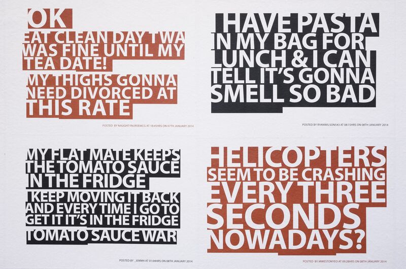 A mural from Thomas & Craighead's exhibition. Red and black text says 'Ok, Eat clean day tea was fine until tea date! My thighs gonna need divorced at this rate