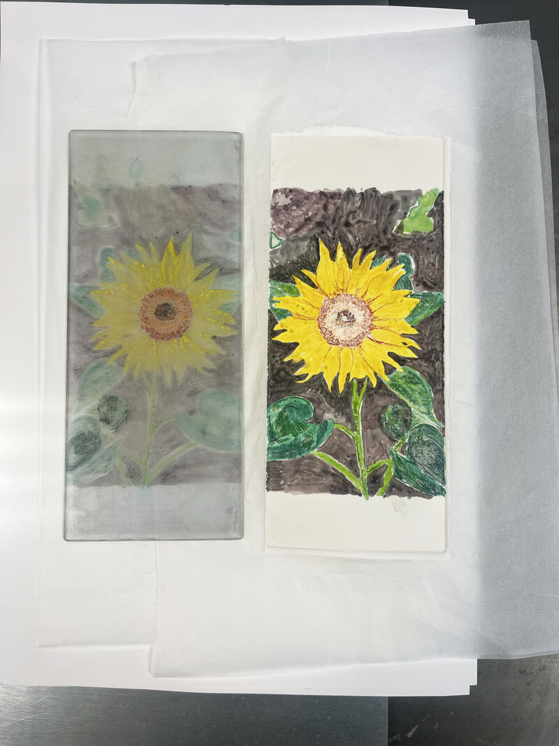 Watercolour monoprint of a sunflowe
