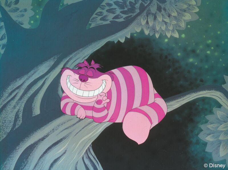 An animated still shows the Cheshire Cat (a pink cat with a big grin) sitting on a tree.