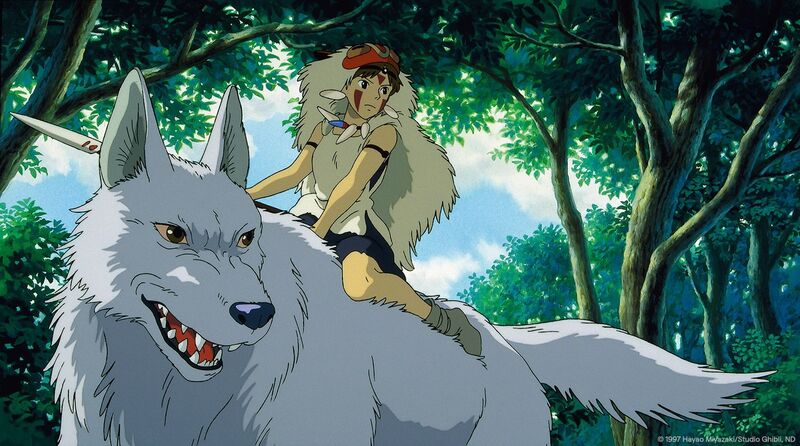 An anime film still shows a young woman wearing furs riding on the back of a huge wolf.