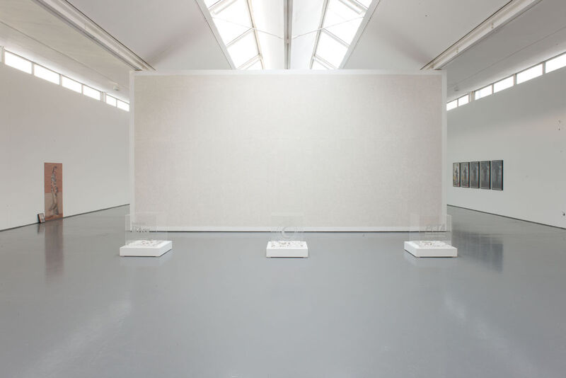 A large, plain white canvas stands in DCA Galleries as part of Jonathan Horowitz's exhibition.