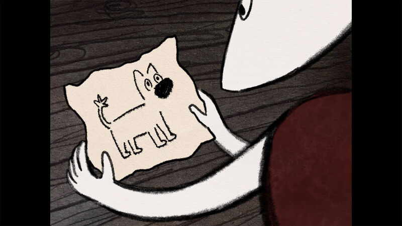 Animated still of a character holding a drawing of a dog.