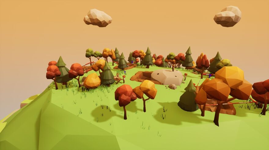 A screenshot from a video game shows autumn trees resting on a green hill.