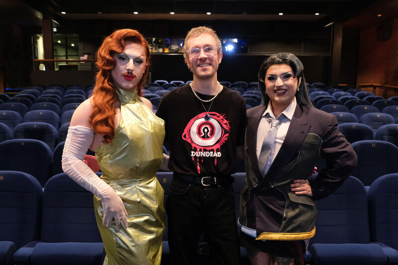 Dundead programmer Michael Coull with CLIMAX Dundee drag performers St Salvatore and Eden Spaghetti