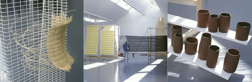 Three images from Claire Barclay's exhibition in DCA. In one picture, jute material is attached to wire. In another, a person stands in DCA Galleries looking at large, abstract sculpture that form the exhibition. In the third picture, terracotta pots sit on a white bench.