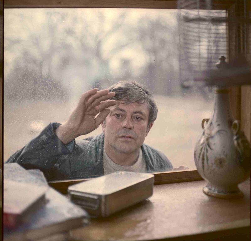 A man looks through a window