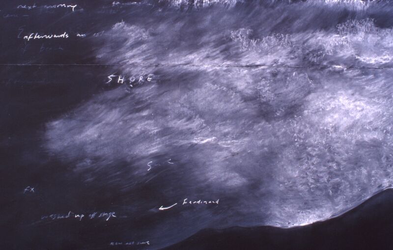 A black canvas with blurry white chalk on it. There are also nautical words written on it with chalk - shore, afterwards, equator.