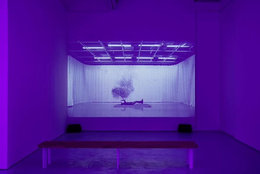 A gallery full of dark blue light, with a film projected on a wall showing a figure lying on its back with a cloud of insects above it.