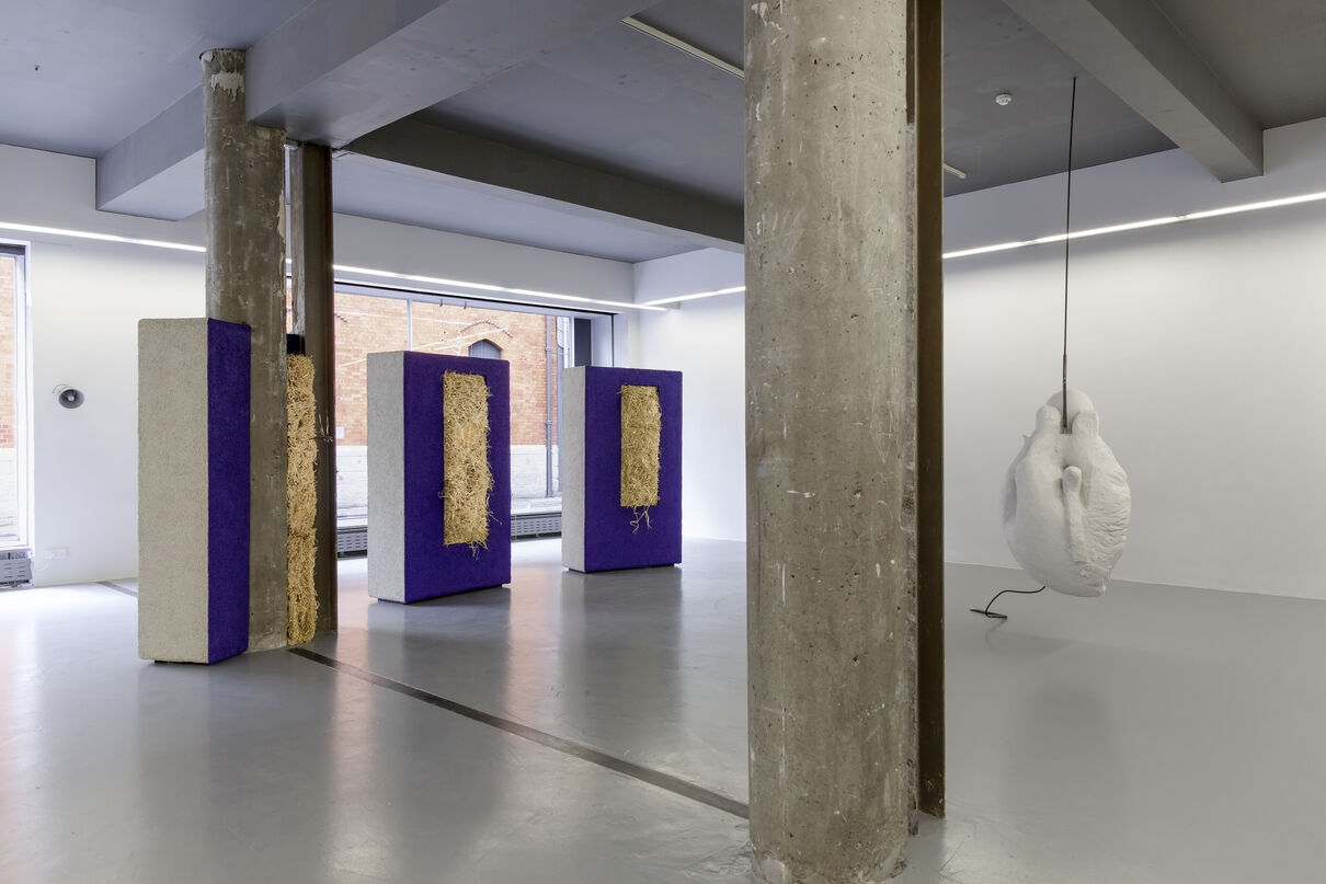 A gallery space with sculpture hanging from the ceiling and three blue boxes
