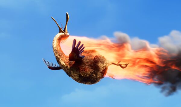 Animation still – a bird flies across the air after an explosion