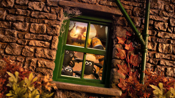 Claymation sheep huddle in fear behind a farmhouse window
