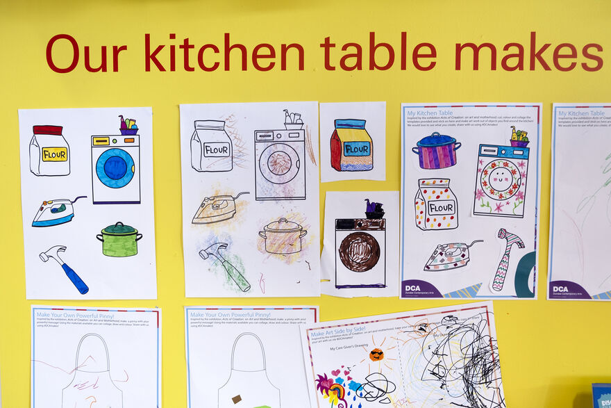 Paper with coloured in objects that can be found in the kitchen