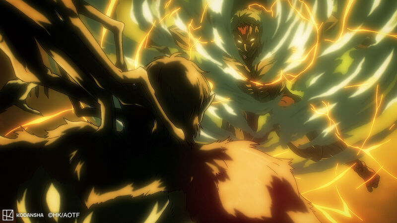 An anime still shows two titans facing off against each other in a cloud of smoke and lightning.