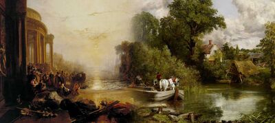 A Constable painting shows a river scene with a house on a riverbank and a group of people.