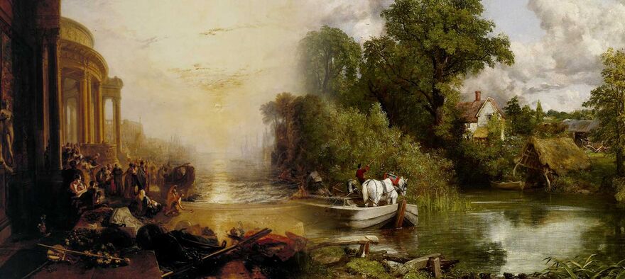 A Constable painting shows a river scene with a house on a riverbank and a group of people.