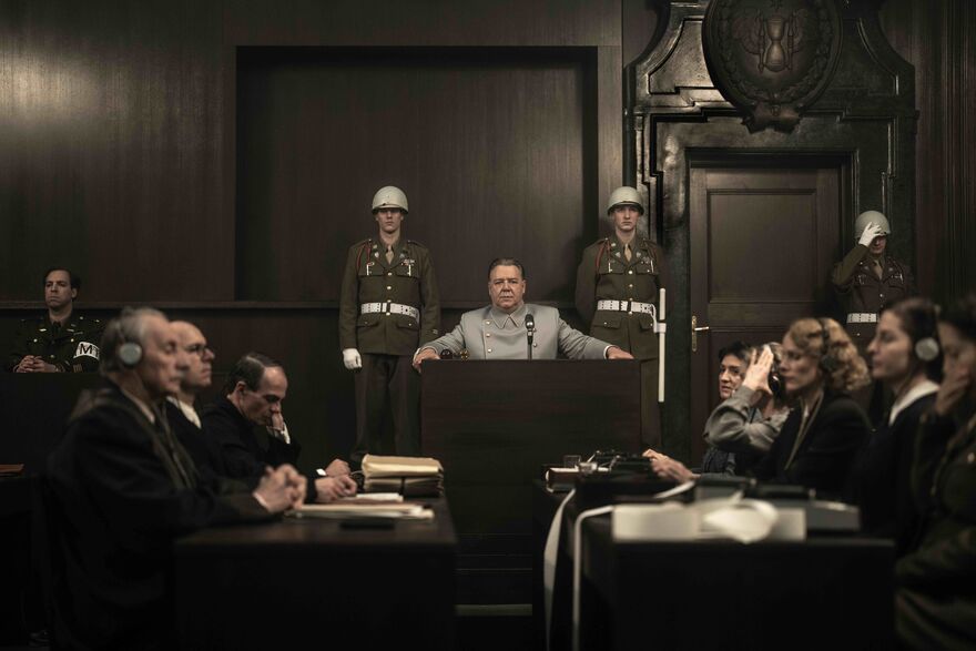A Nazi on trial at Nuremberg, flanked by two soldiers