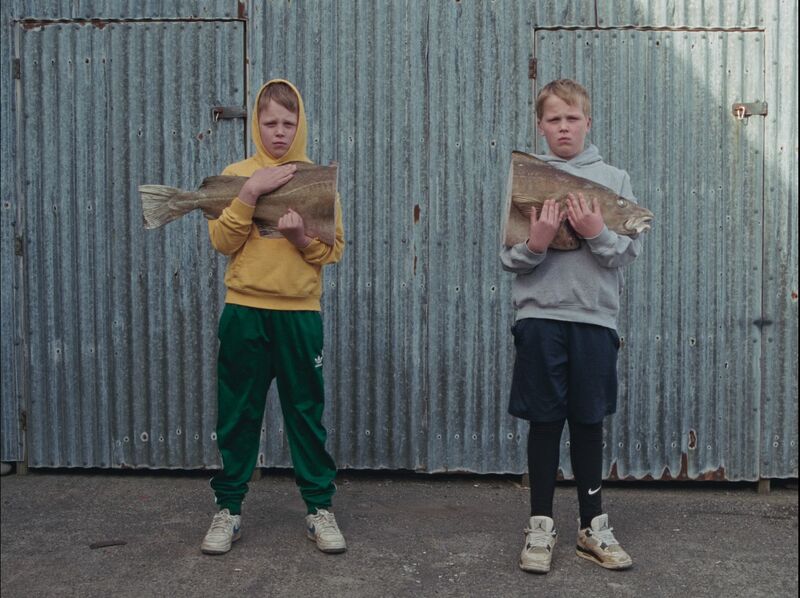 Young twin boys stand looking serious, holding one half of a large fish each