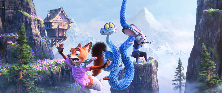 An animated rabbit, fox and snake fly through the air in a mountainous area