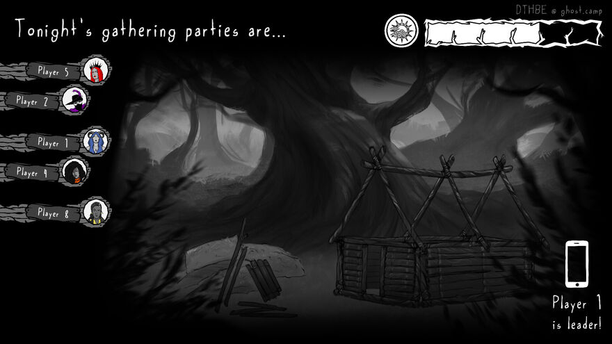 A dark forest with large oak trees and a small wooden cabin.