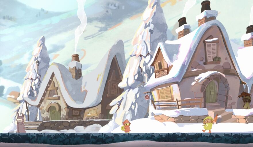A screenshot from a game shows snow-covered houses with small creatures walking in front.
